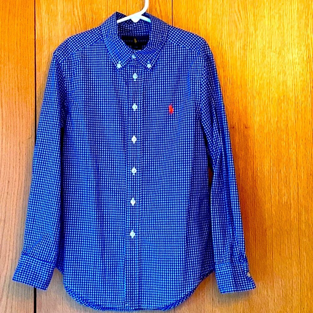 Polo Ralph Lauren boy’s S 8 cotton gingham blue white button down collared shirt